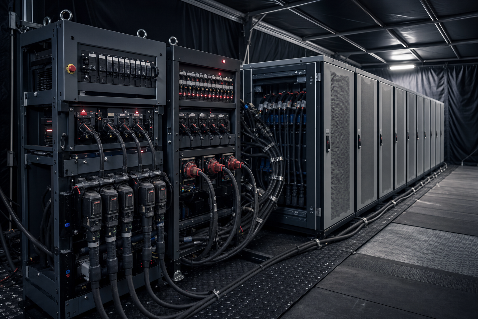 Organized event power distribution racks, cable looms and battery UPS cabinets in a temporary technical enclosure