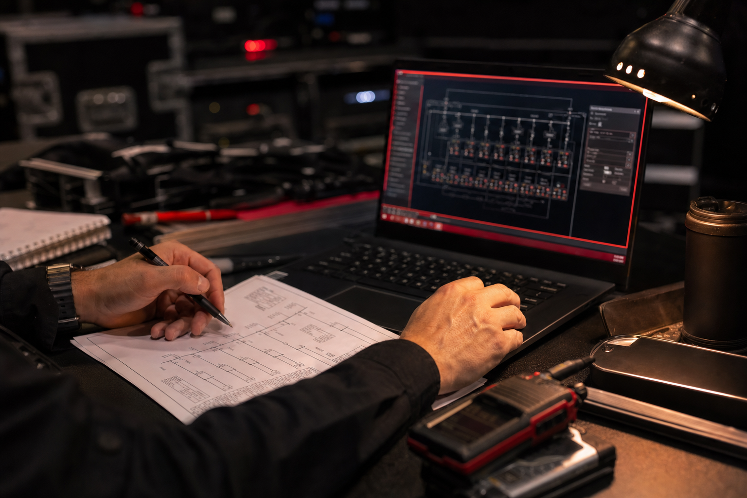 An engineer reviewing a power distribution diagram in a production environment
