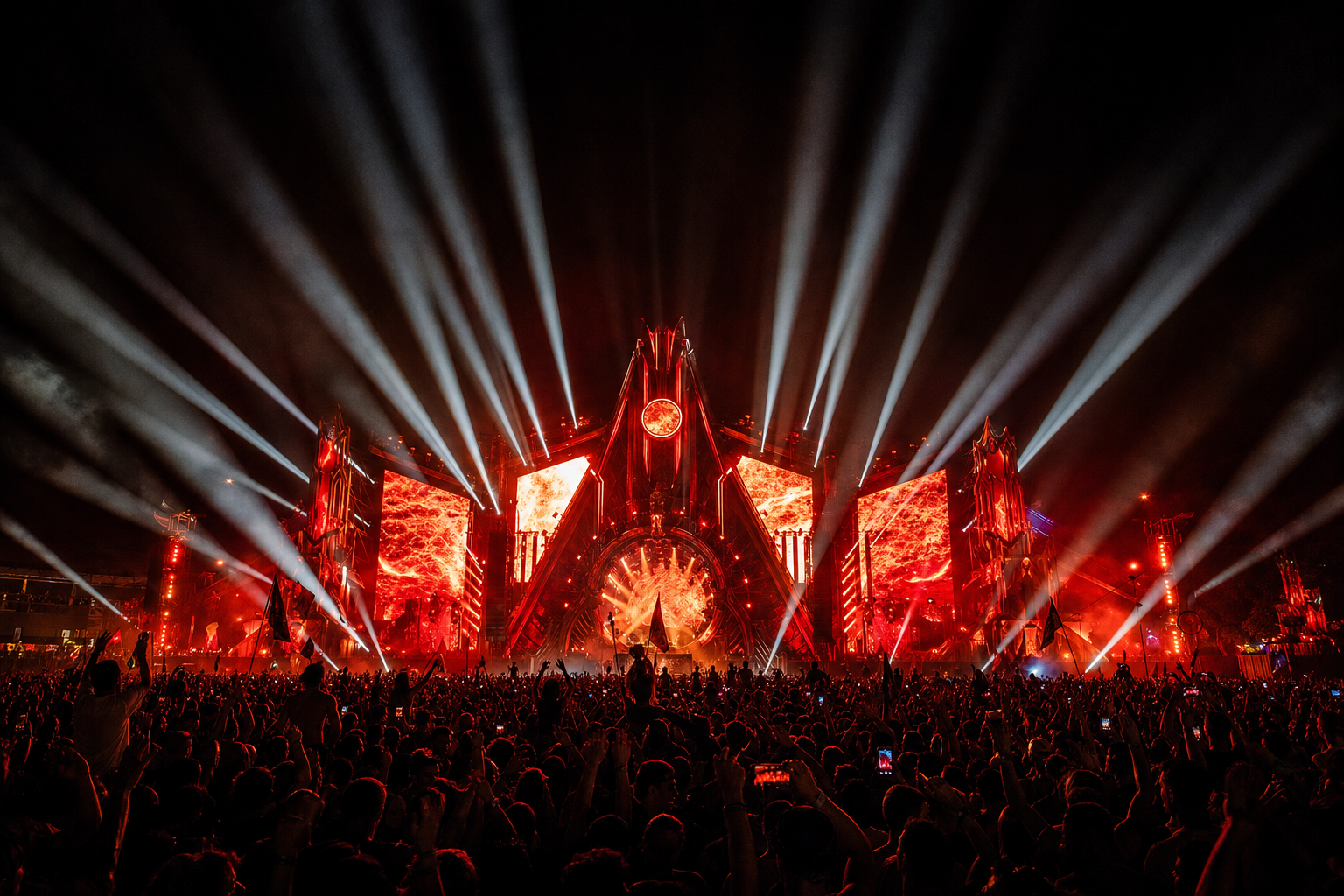 Large-scale night event with stage lighting and a vast crowd